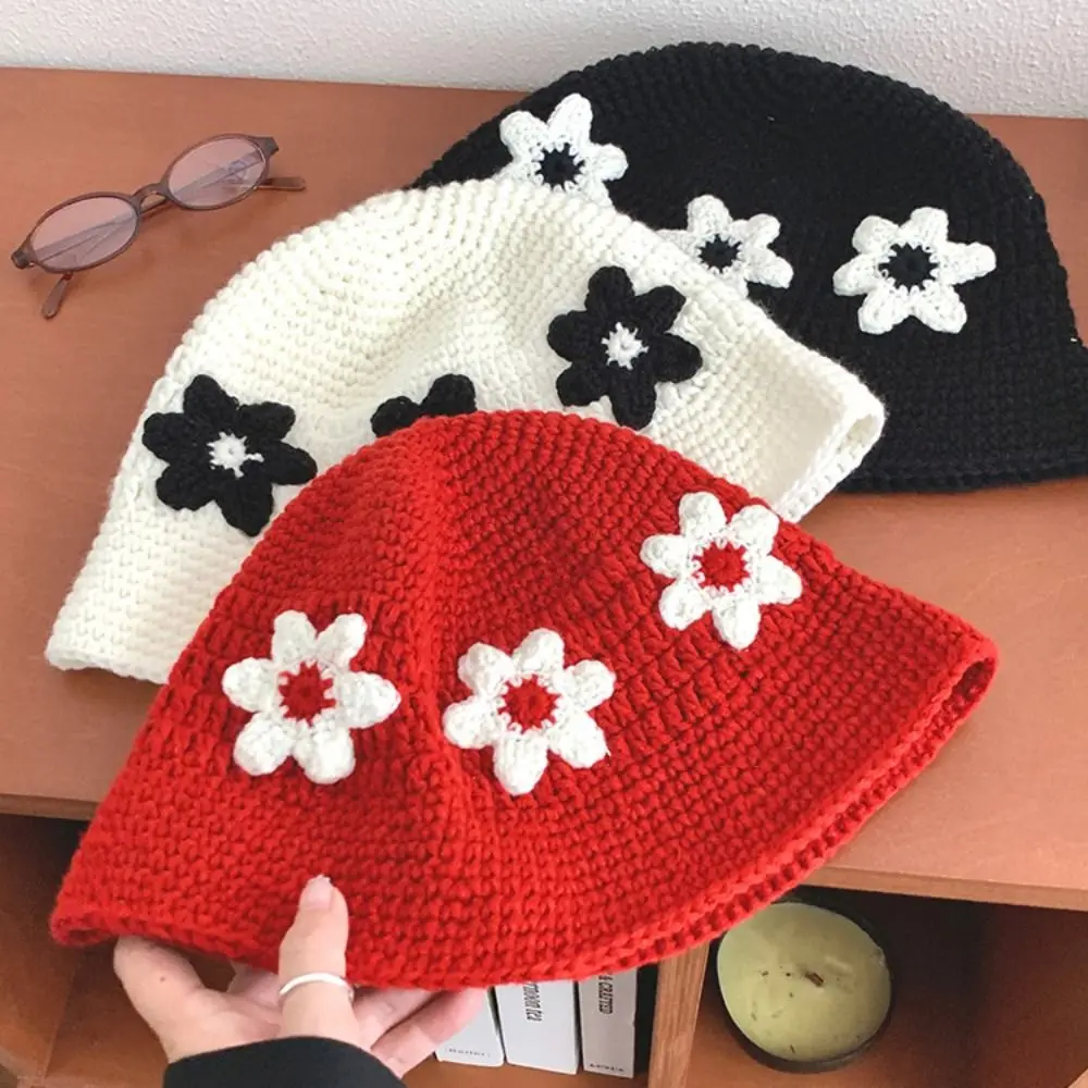 Sweet Handmade Crochet Flower Knitted Hat Korean Style Sweet Beanies Hat Cute Women's Fisherman Hat Girls