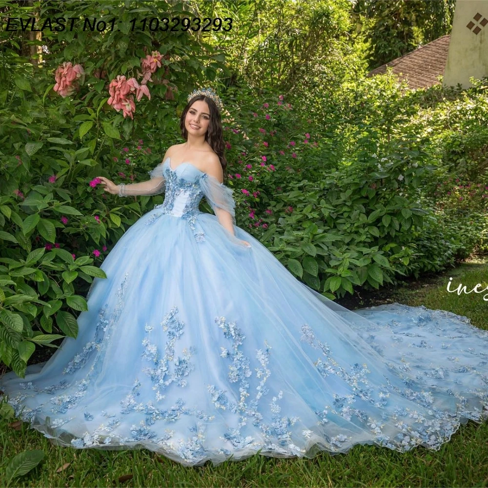 

EVLAST Customized Shiny Sky Blue Quinceanera Dress Ball Gown Floral Applique Beading Mexican Sweet 16 Vestido De 15 Anos E1Q90