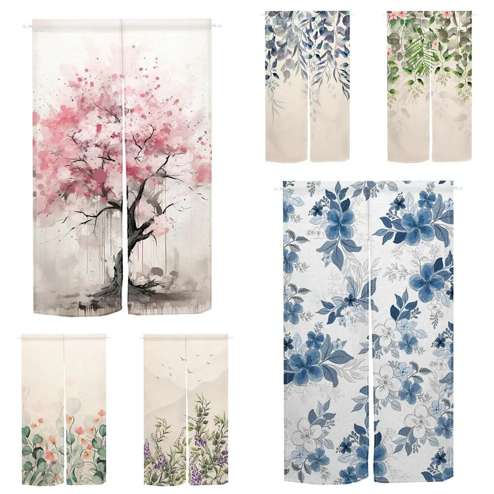 Spring Flower Japanese Door Curtain Green Plant Leaf Curtain Kitchen Room Cafe Door Decoration Linen Half Curtains Partition