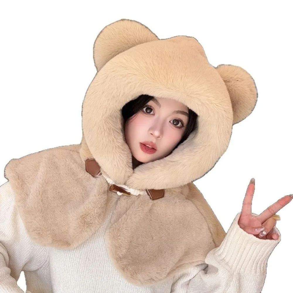 

New Cute Bear Integrated Hat Scarf Set Fluffy Fur Warm Neck Warmer Coldproof Windproof Shawl Women