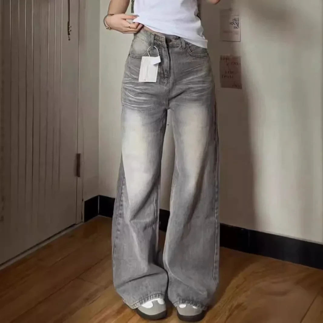 Light Grey American Vintage Washed Wide Leg Jeans Pant Women High Waist Loose Straight Leg Long Deim Trousers