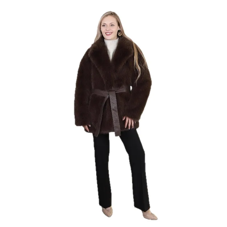 Manteau en fausse fourrure de renard, nouvelle mode automne hiver, veste à revers en fausse fourrure écologique avec ceinture, vêtements d'extérieur polyvalents décontractés grande taille