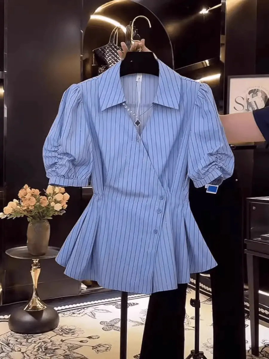 Elegant Blue Striped Short Sleeve Shirt Women's Summer New Style Slim Fit Waist Cinched Maturity Small Top Korean Version