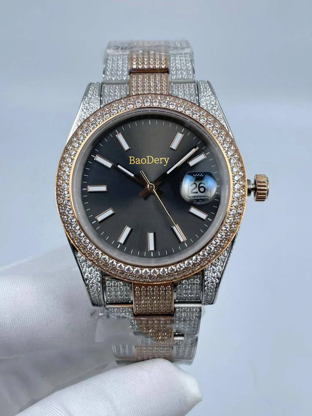 Custom Logo41mmElegant Men's Diamond Watch, Sapphire Mirror and Diamond bezel, Mechanical Movement, Gifts for Men