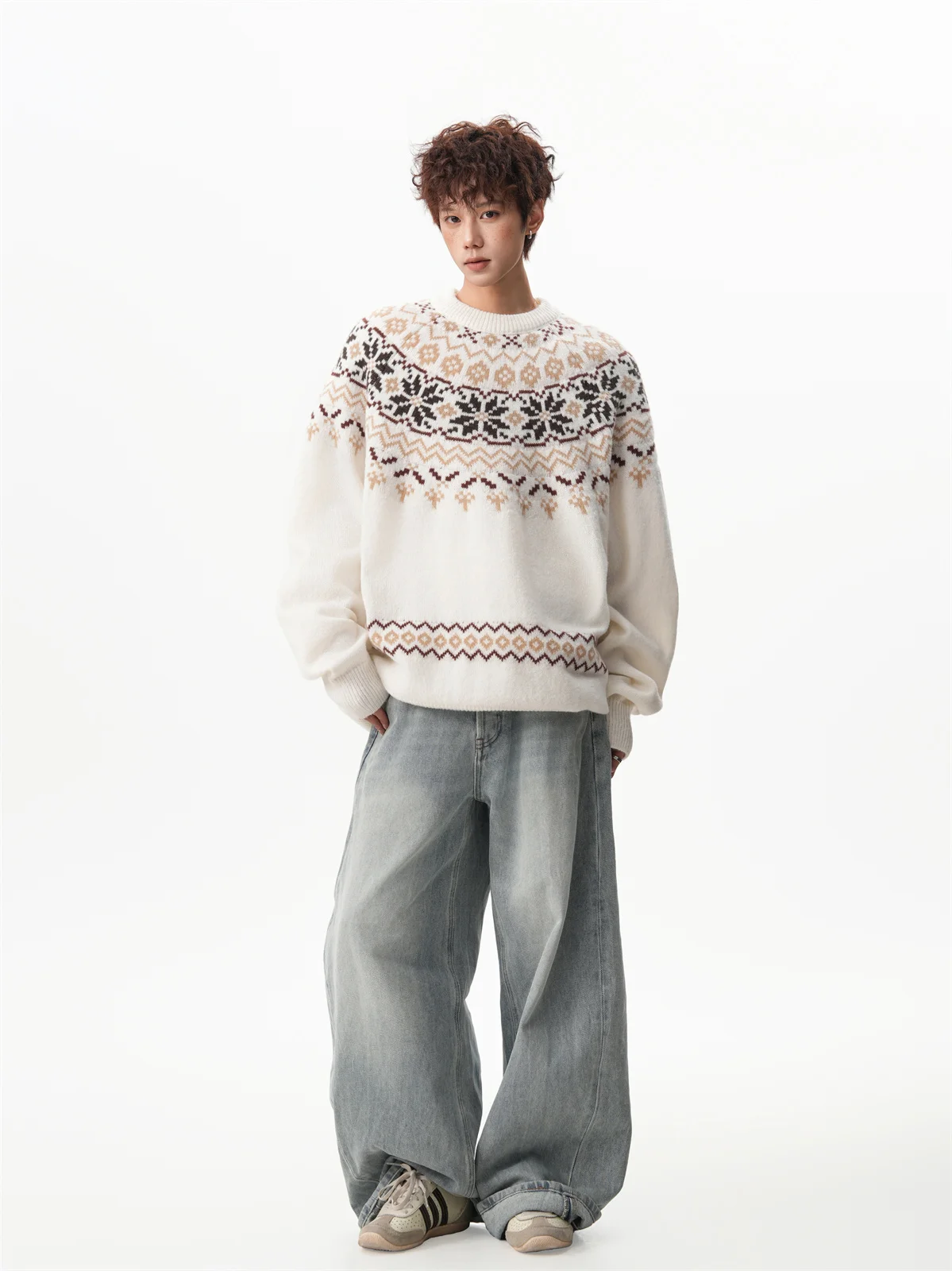 Autumn Winter New American Style Red Warm Round Neck Sweater Men's Retro Atmosphere Loose Casual Brown Knitted Sweater