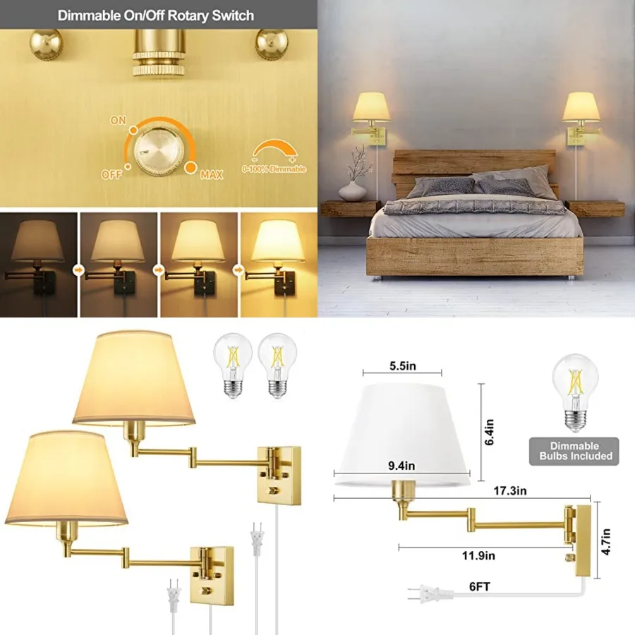 

Wall Sconce Plug in, Brushed Brass Dimmable Wall Sconces Set of 2 Swing Arm Wall Lights with Plug in Cord and Dimmer On/Off Kno