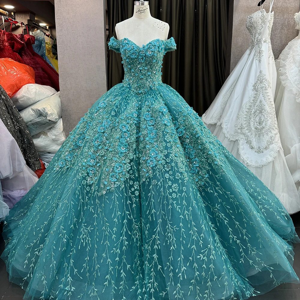 Green Quinceanera Dresses Beaded Handmade Sticker Embroidery Off The Shoulder Sweet 15 Party Prom Ball Gowns 6640-2