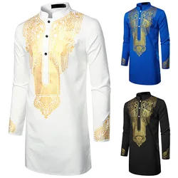 Veste abaya islâmica masculina, vestidura muçulmana, estampa étnica, gola alta, camisa juvenil, casaco de comprimento médio, trajes árabes de cosplay, roupa casual nova, 2023