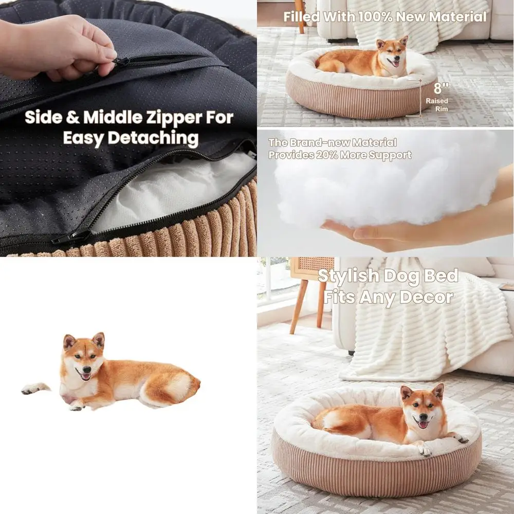 

33 Large Dog Bed, Plush & Corduroy, Removable Washable Cover, Suitable for Pets up to 50 lbs, Brown, M Plus
