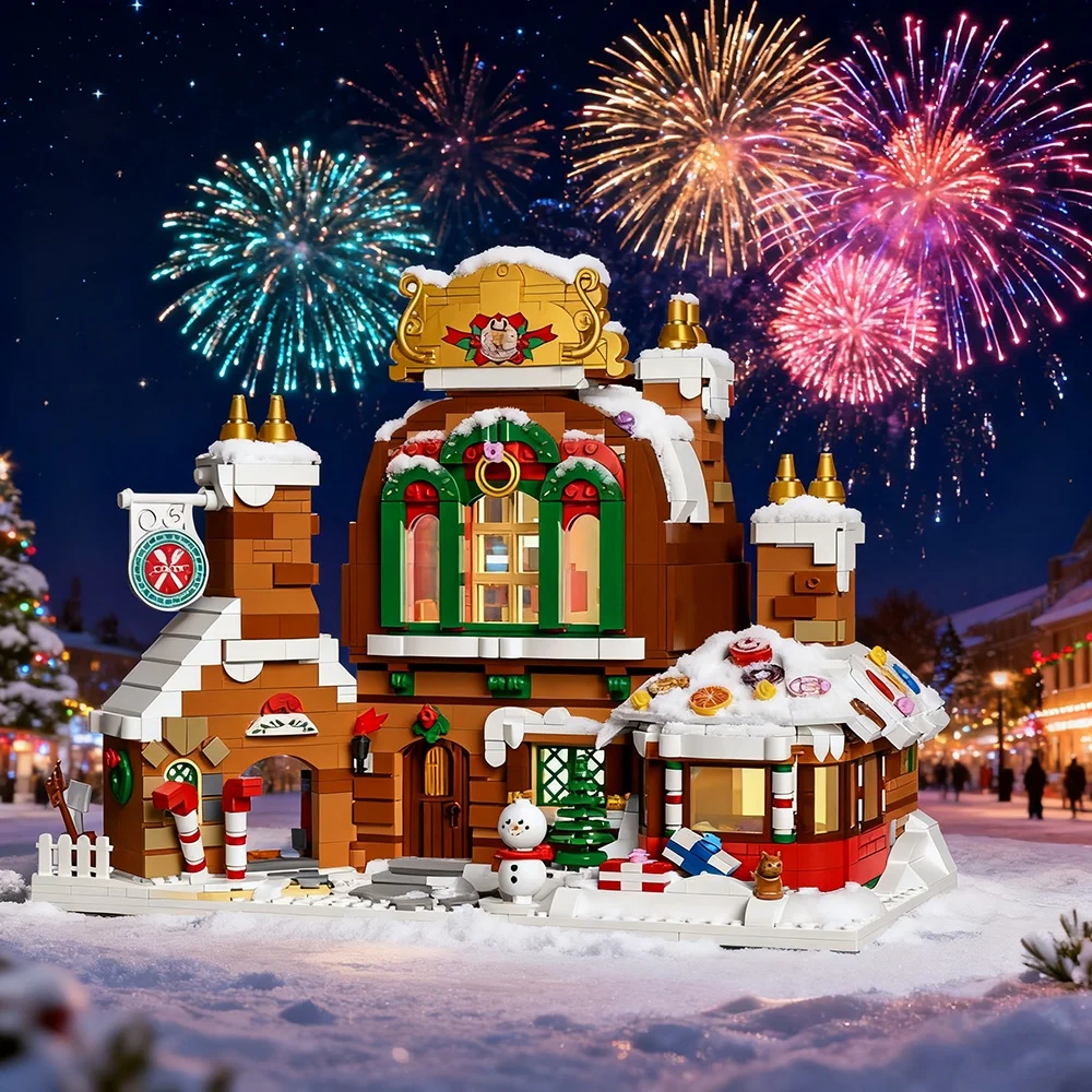 مجموعة مكعبات بناء منزل خبز الزنجبيل MOC شارع المدينة الشتوية، مجموعة الطوب الإبداعية DIY للأطفال، فكرة هدية ممتعة لعطلة عيد الميلاد #3