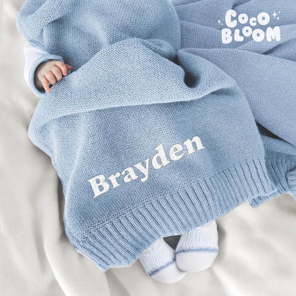 Personalized Embroidered Baby Knit Blanket, Custom Name Soft Knitted Newborn Swaddle Blanket Infant Nursery Baby Shower Gift
