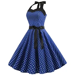 Women'S Fashion Temperament Retro Polka Dot Lace-Up Backless Set Neck Big Swing Puffy Casual Performance Dress Vestidos