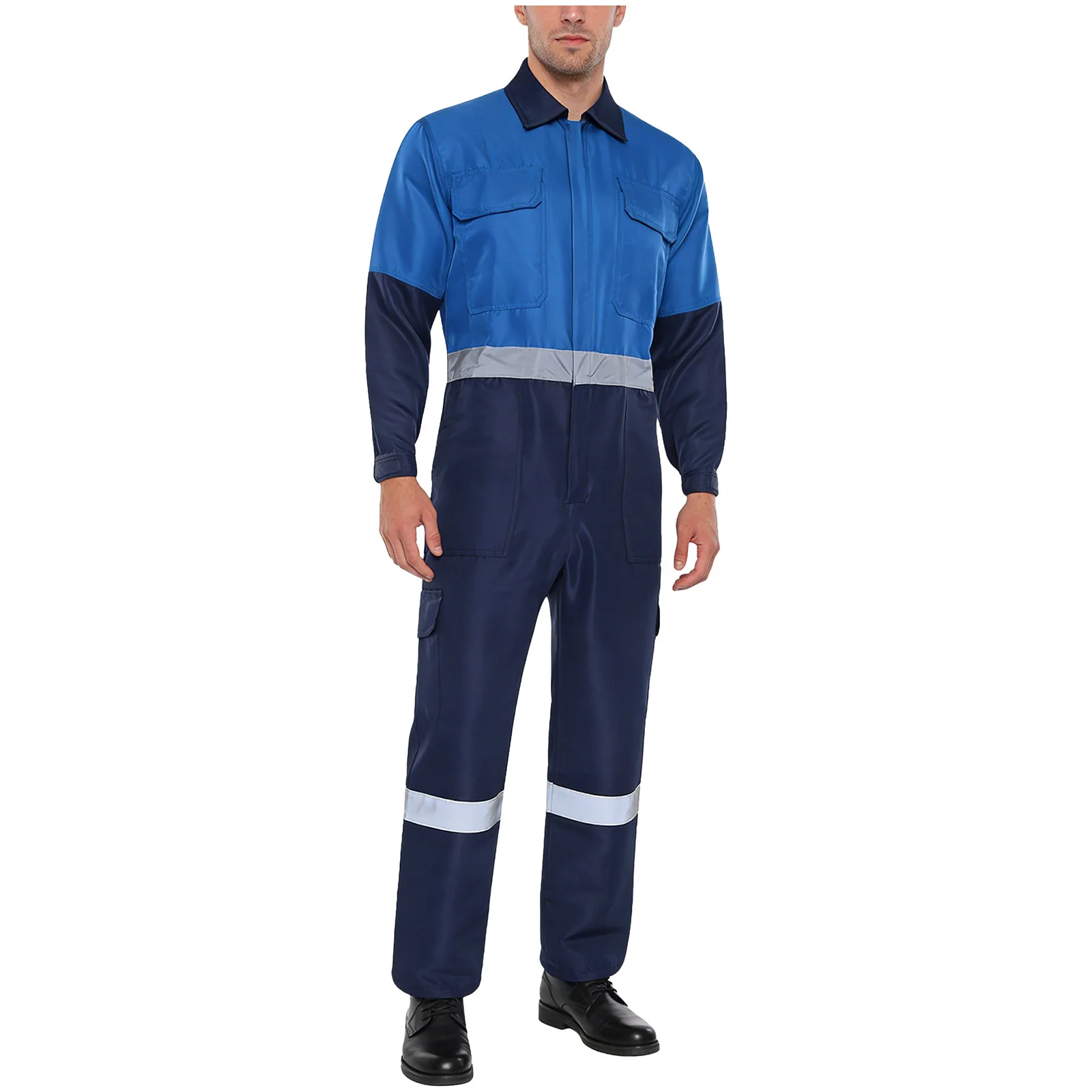 Men Working Workshop Overalls Jumpsuit Long Sleeve Multi-pocket Color Blocking Full-body Bodysuit for Cleaning Car Repair Outfit