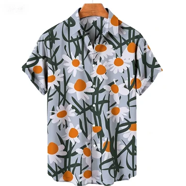 Retro Forest Style Daisy Floral Short Sleeved Hawaiian Shirt with Multiple Gentle Floral Prints, Men's Loose Fit Shirt