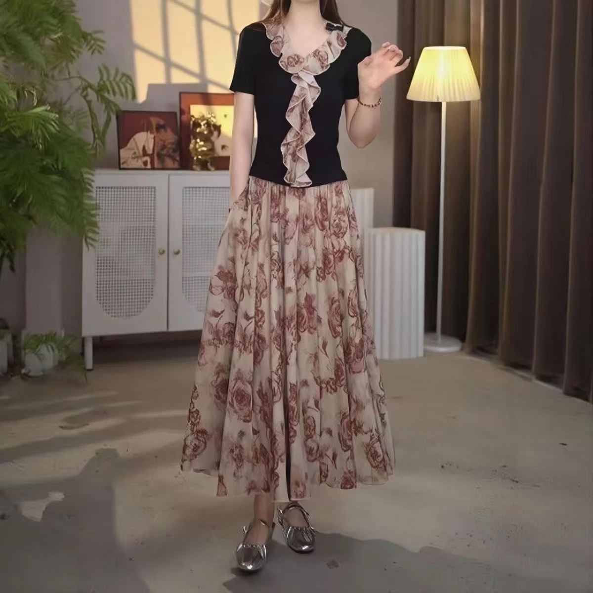 Women's Vintage Rose Print One Piece Dress - Ruffle Collar Fake Two-Piece Set, Perfect Casual Vacation & Date Night Wear