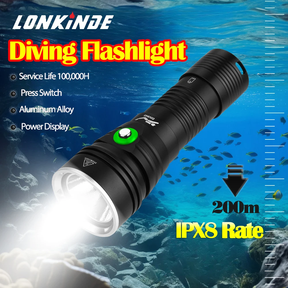 

2024 New XHP70.2 Led Scuba Diving Flashlight IPX8 Underwater Waterproof 200M Professional Diving Torch Underwater Lighting Lamp