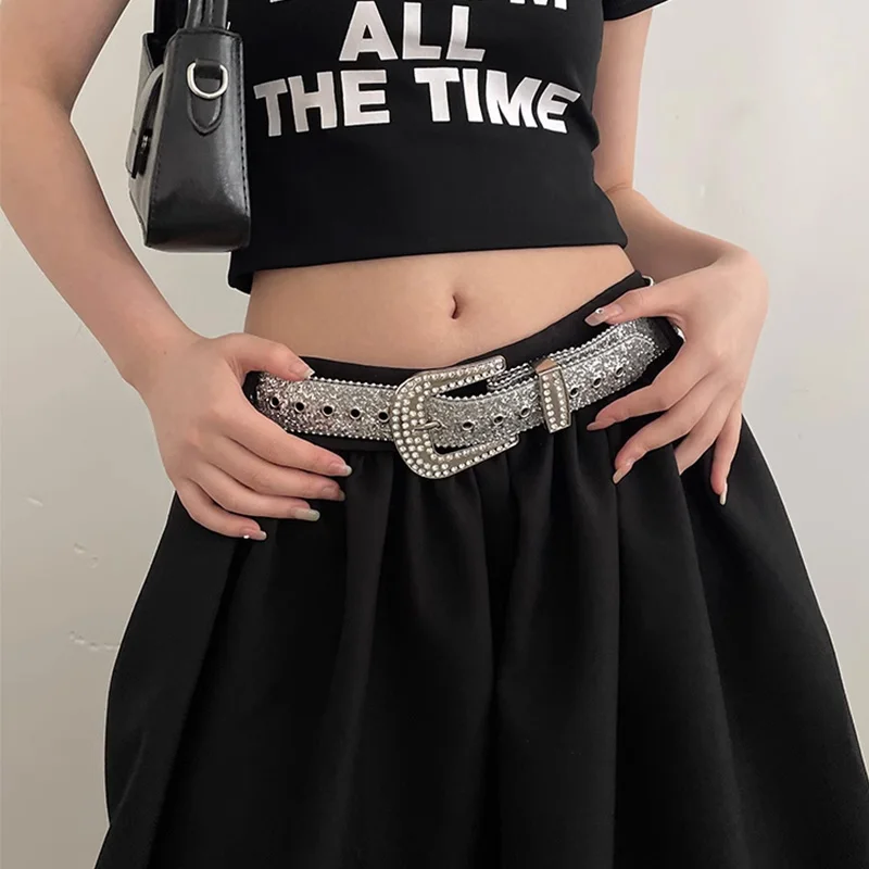 Desinger Belts For Women Neutral Luxury Brands Sequin Rhinestone Buckle All-Eyelet Punk Goth Y2k Belt Female Jeans Waistband