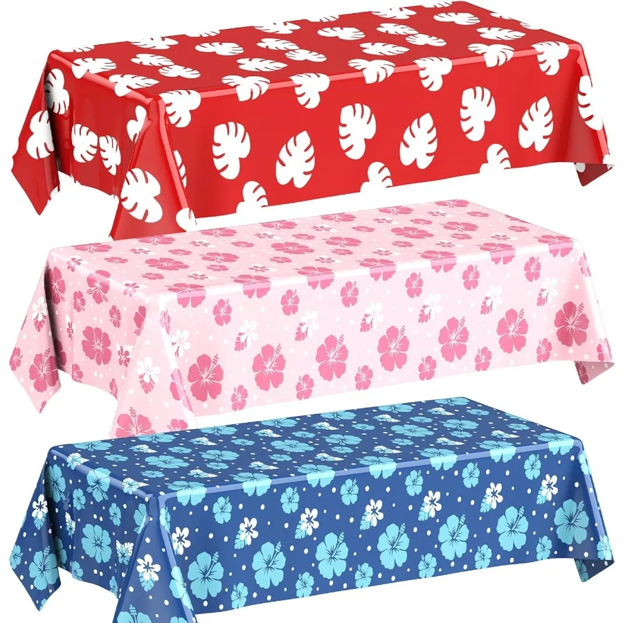 3 Sheets Hawaii Hibiscus and Tropical Leaves Tablecloth Birthday Party Decorations Blue Alien Cartoon Table Cove for Birthday P