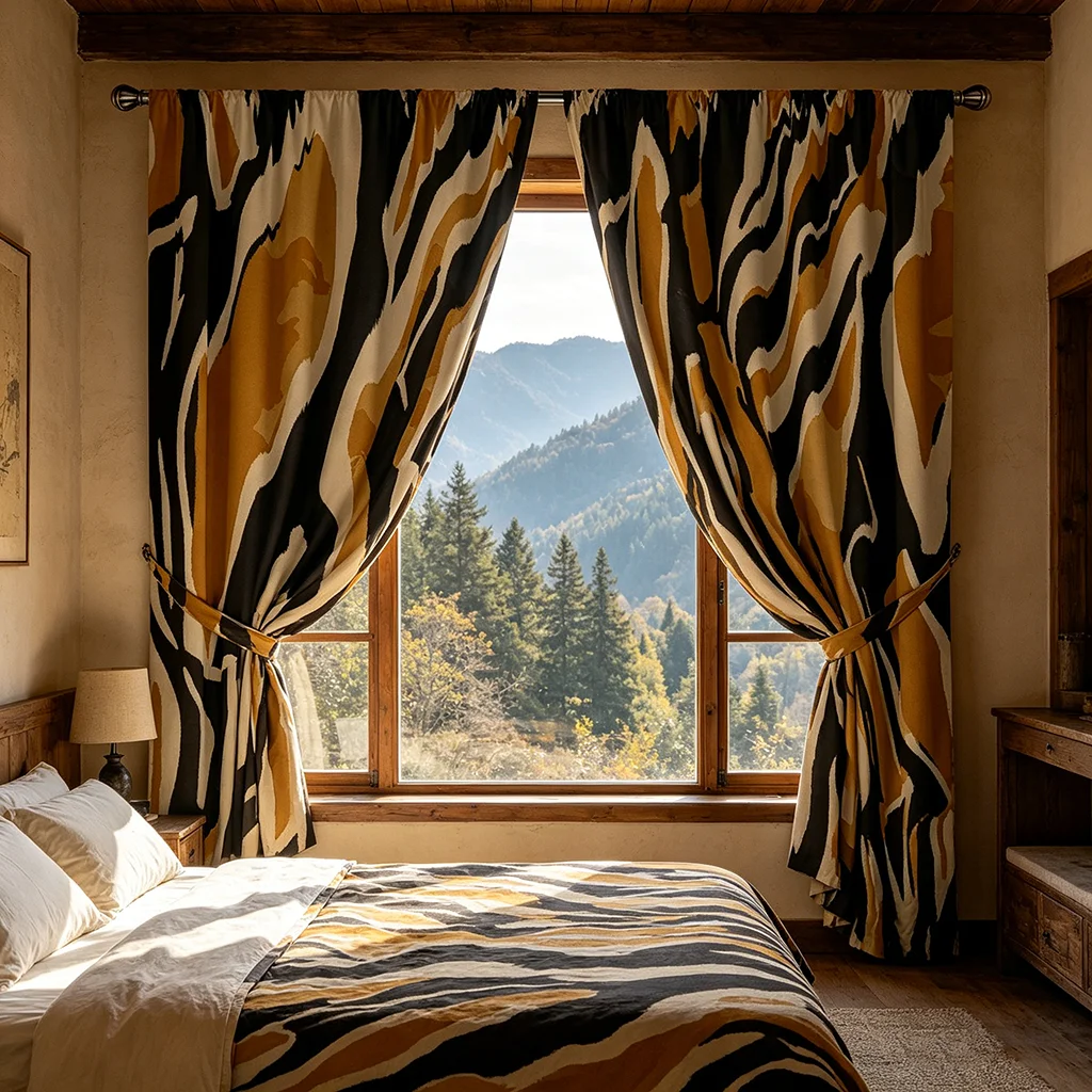 2PCS Curtains, Black & Mustard Gold, Abstract Swirling Art Pattern, for Bedroom, Living Room, Rod Pocket Style