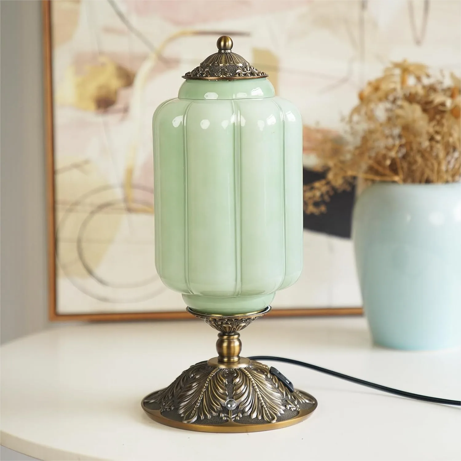 

Milk Glass Touch Table Lamp, Green Jadeite Glass Bedside Desk Lamp 3 Way Dimmable with USB C+A Charging Ports, 4W LED Bulb
