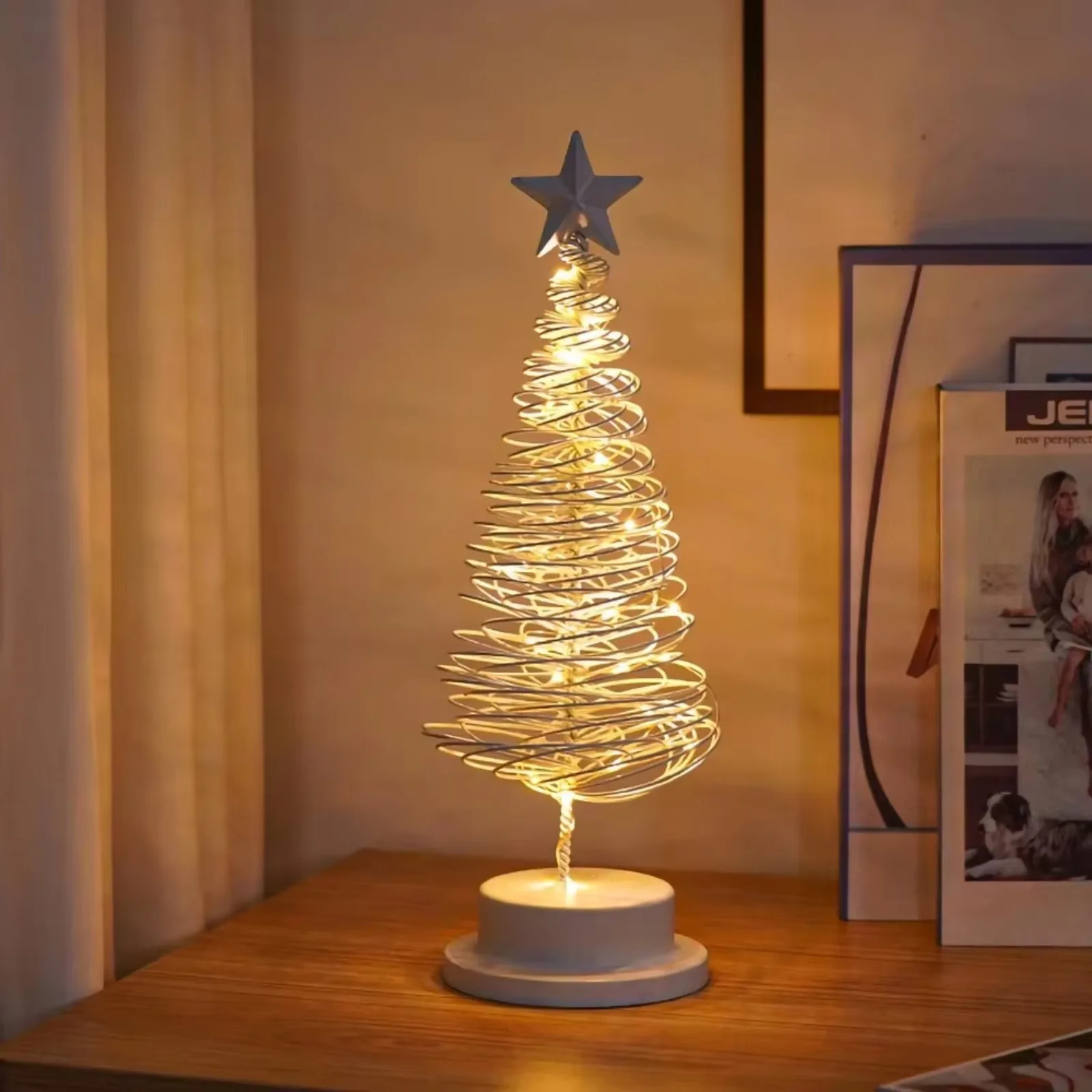 Artificial Christmas Tree Lamp LED Holiday Decor Metal Spiral Star Ornament Fairy Lighting Tabletop Living Room Accent Mini Deco