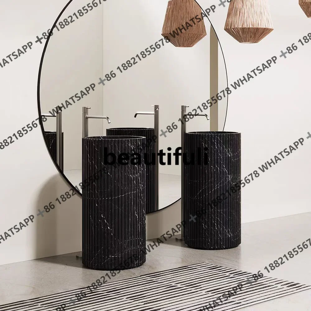 

H Black White Marble Freestanding Basin, Round Column Sink for Bathroom/Garden, Custom One-Piece Italian Minimalist Design