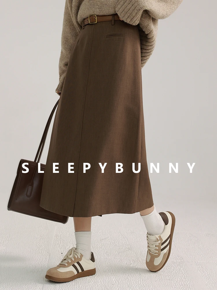 

High Waist Midi A-Line Skirt Women's Spring Autumn Small Size Vintage Mermaid Split Half Skirt Polyester Fiber Sleepy Rabbit