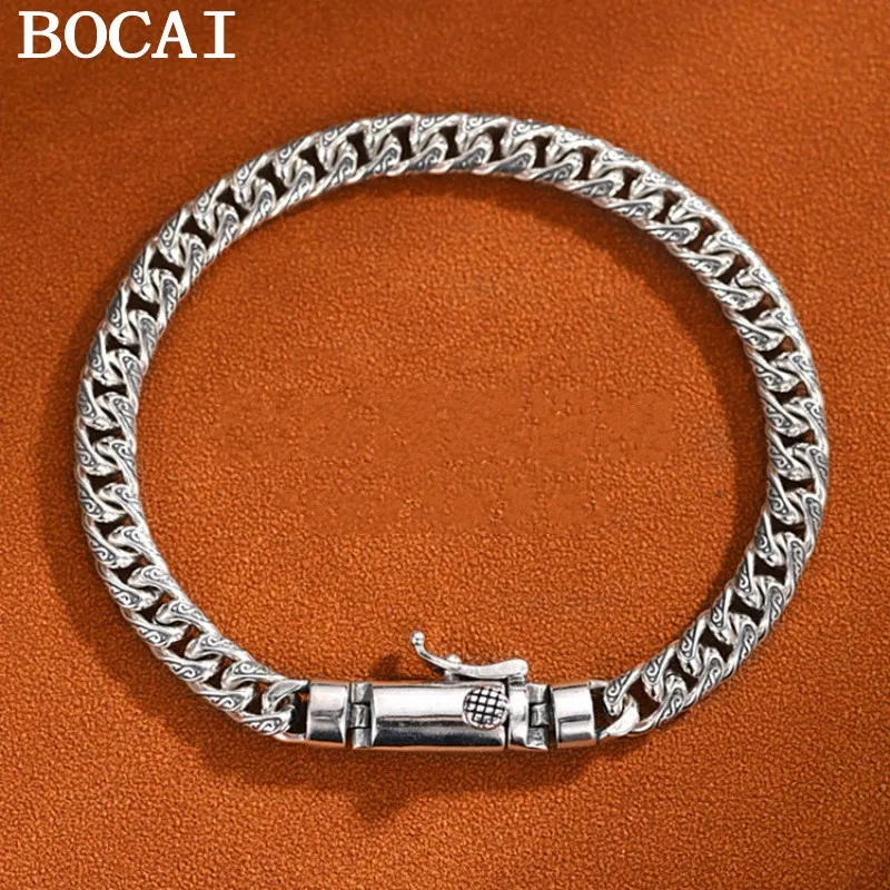 

BOCAI новый браслет из чистого серебра S925, винтажная индивидуальная кубинская цепочка, браслет с благоприятным облачным узором, подарки для мужчин и женщин