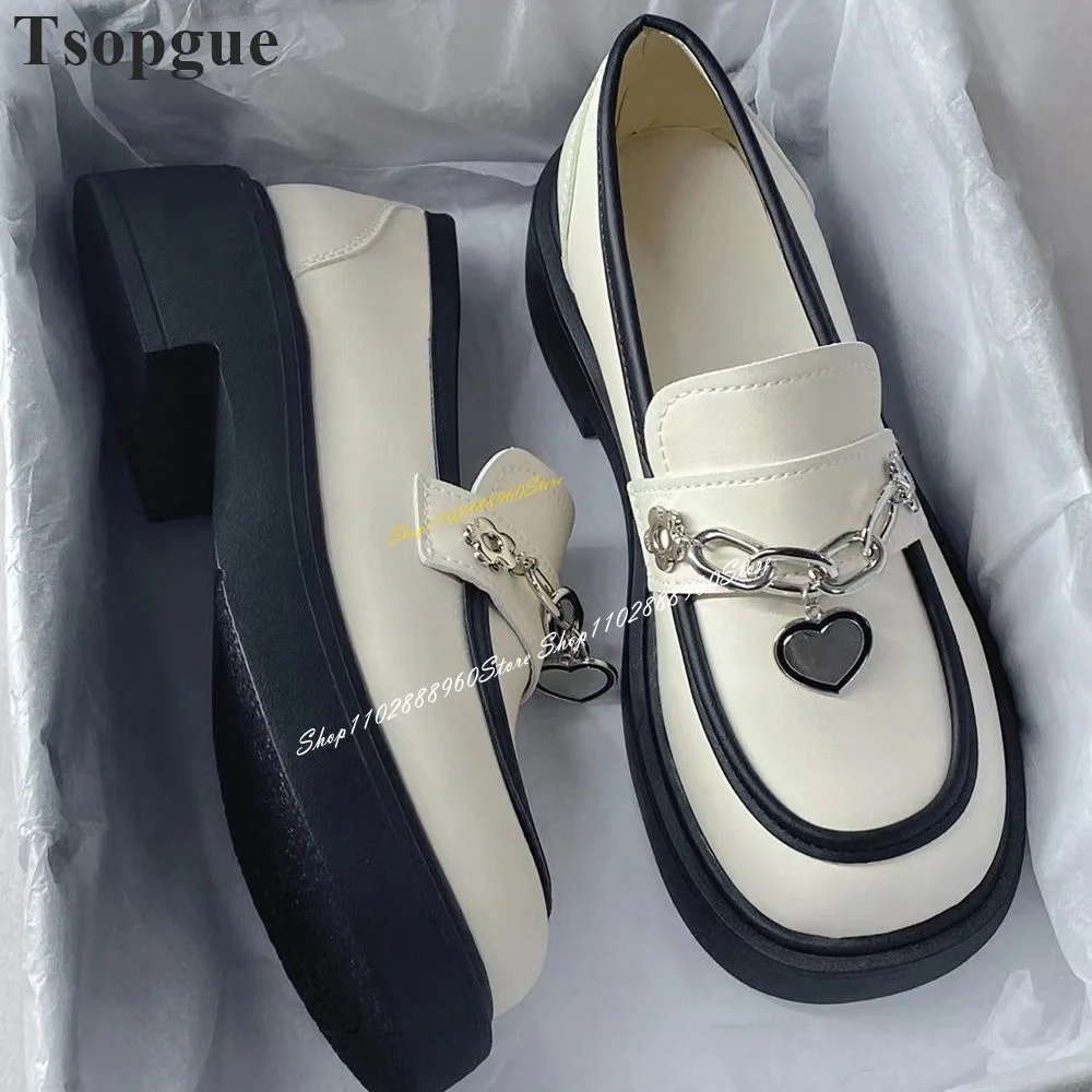 British Beige Metal Chain Decor Pumps Thick Soled Flat With Shoes For Women Slip On Round Toe 2024 Fashion Zapatos Para Mujere