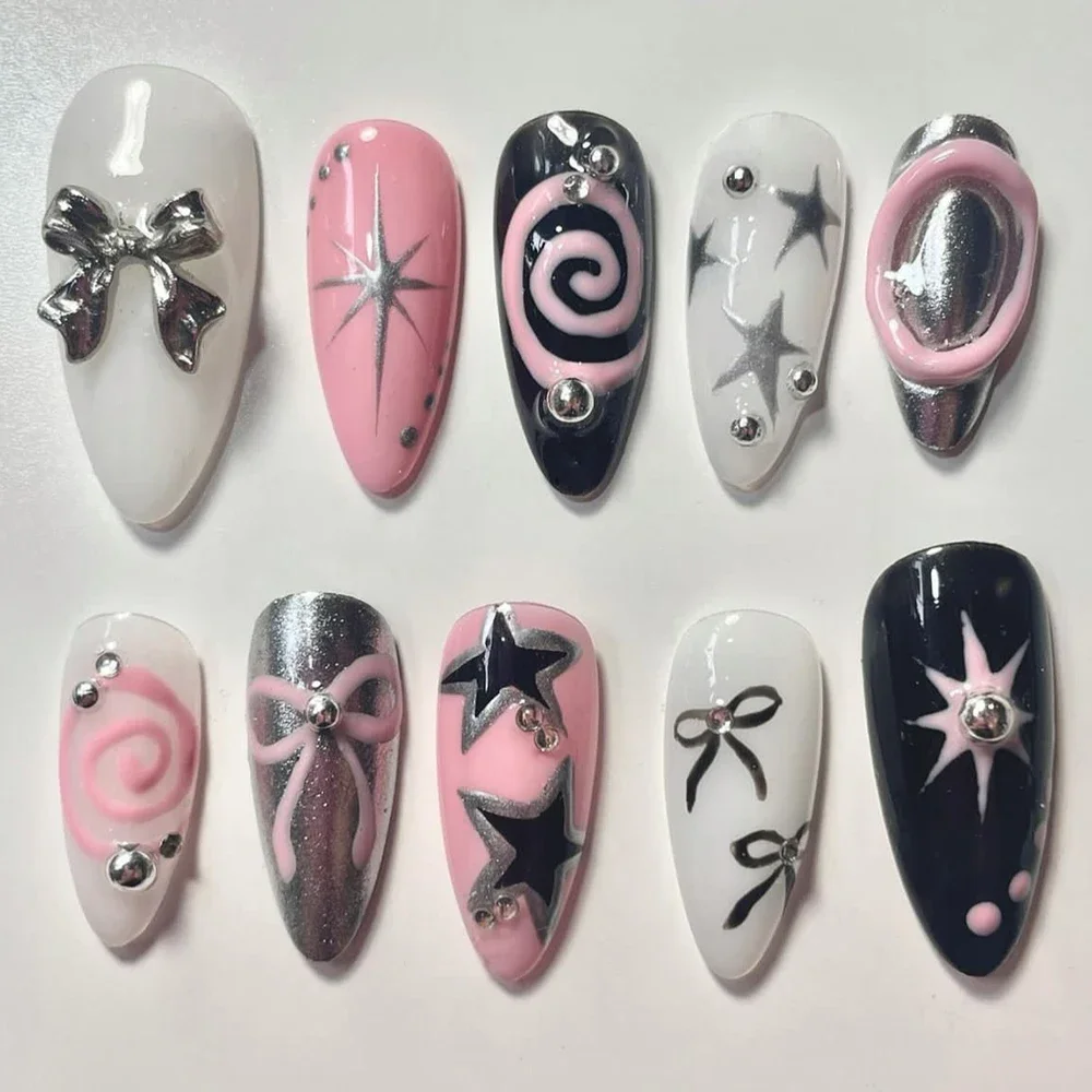 

Y2K Spicy Girl Black Pink Silver Handmade Fake Nail Party Sticker Almond Hand Painted Star Bow High Quality Press On Nails Art