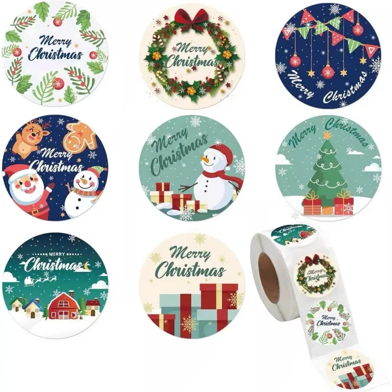 

50pcs/roll 1inch Round Merry Christmas Stickers Xmas Party Cards Decoration Envelope Sealing Sticker Gift Packaging Label