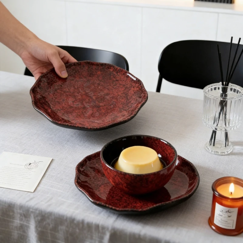 

New Year Crystal Red Single Piece Ceramics High Aesthetic Appeal New High End Elegant Tableware for Home Family Dinner Utensils