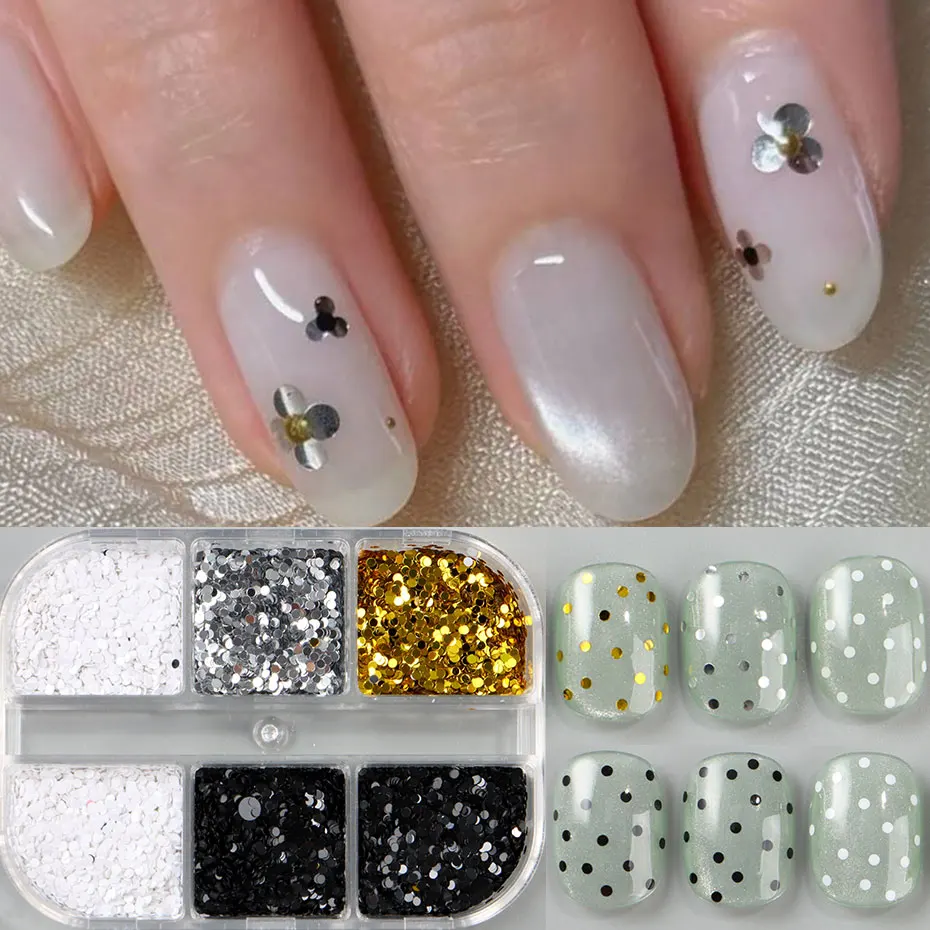 1 กล่อง 6 กริด 3D มินิรอบเล็บเลื่อม Kawaii เกาหลี Black Dot Nail Art Flake Y2K Golden Silvery Shinny Charms อุปกรณ์เสริม