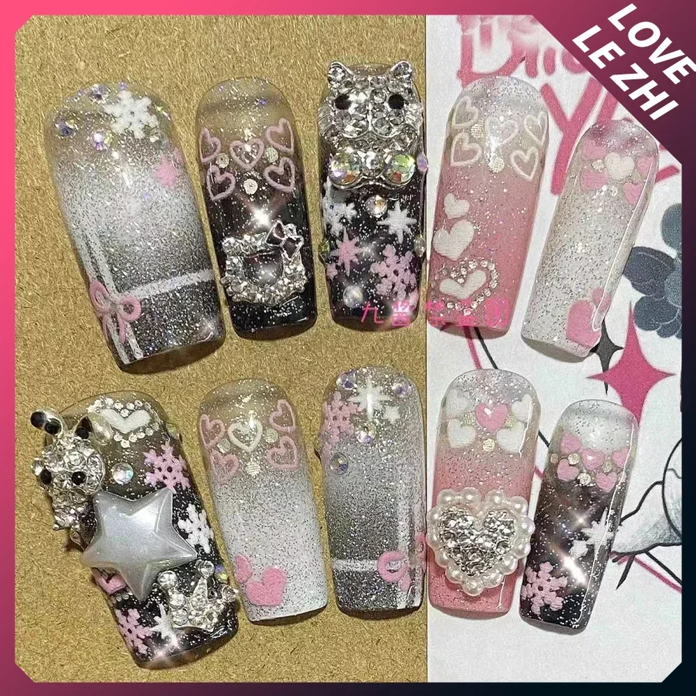 10Pcs Fashion Y2K High-End Handmade Long Coffin Press On Nails 3D Five-Pointed Star Repeatable Wearable Fake Nail Customizable