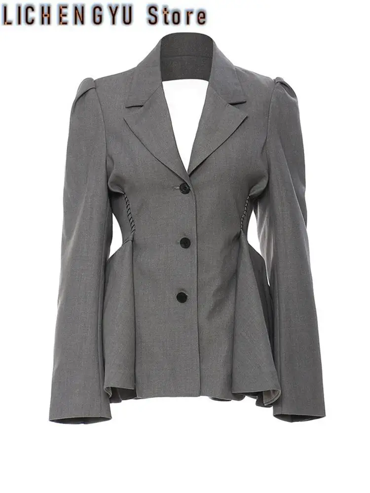 Women Gray Backless Mesh Ruffles Elegant Blazer New Lapel Long Sleeve Loose Fit Jacket Fashion Spring Autumn