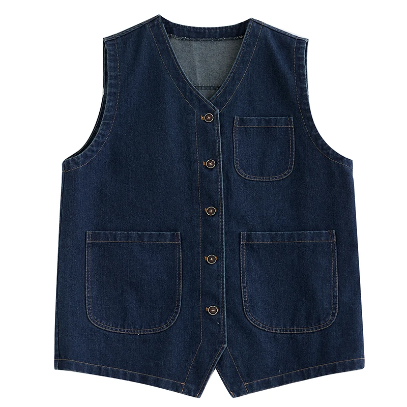 Rompi Denim Kasual Longgar Ukuran Besar Pakaian Kerja Multi-kantong Gaya Jepang Retro untuk Wanita Bentuk Tubuh Pear