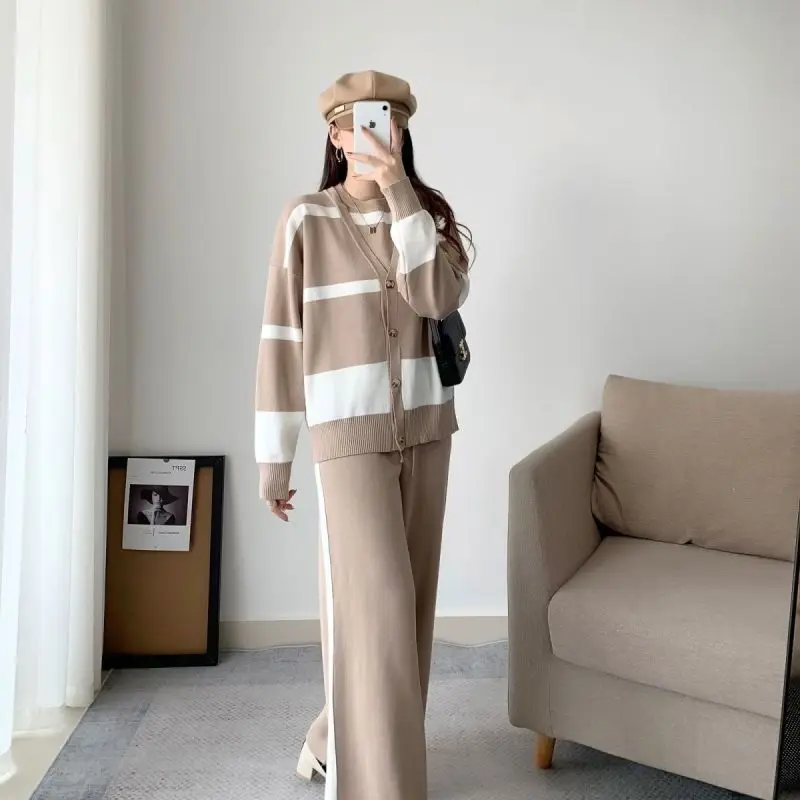 Korean Spring and Autumn Stripe Knitted Three Piece Suit Loose Cardigan Top Fashion Splicing Slim Wide Leg Pants Set for Women