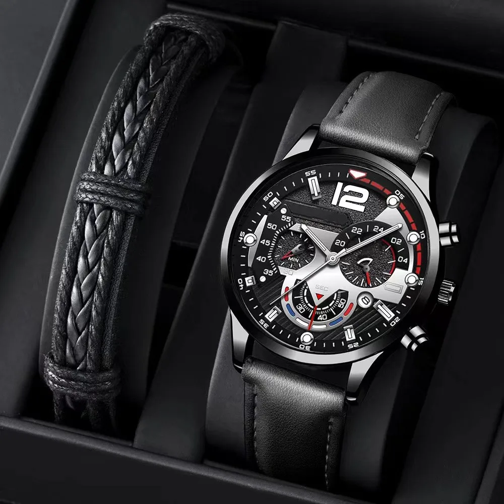 2 шт. комплект, модные мужские часы с календарем, роскошные мужские деловые повседневные коричневые кожаные кварцевые часы, мужские наручные часы-браслет (подарочная коробка)