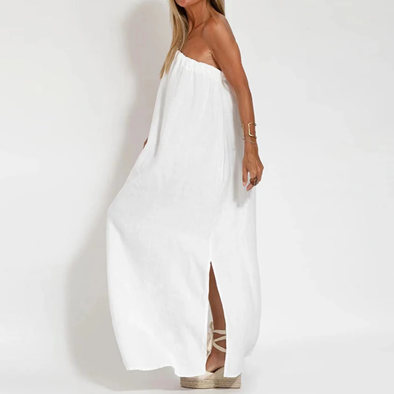 Spring Tie-up Bow Backless Straps Long Dress Women Solid Cotton Split Boho Party Dress Summer Skew Collar Hollow Lady Maxi Dress