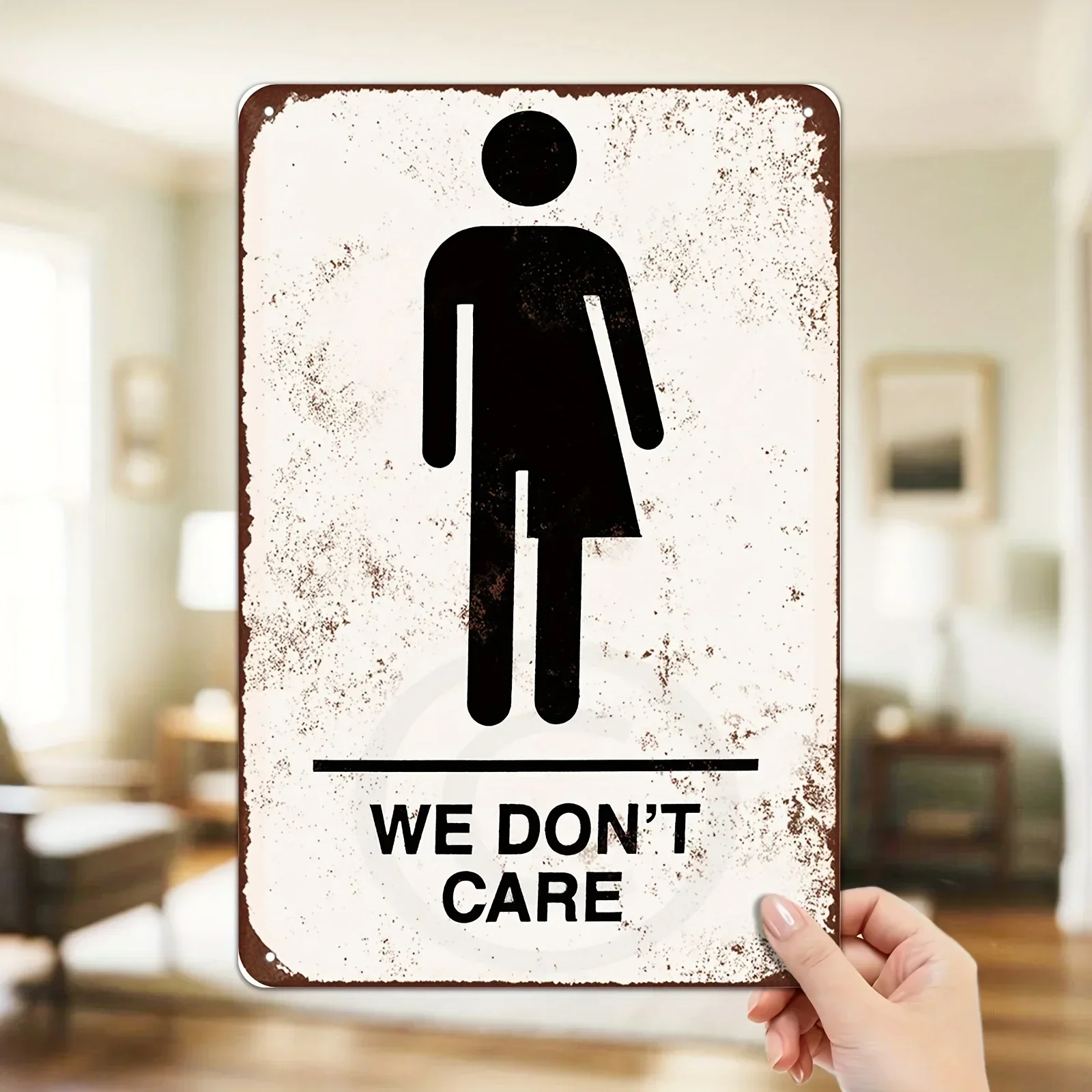 2D-Flach, 1 Stück „We Don't Care“-Badezimmerschild – Vintage-Metall-Wanddekorationsplakette, inklusive Toiletten-Schild für Büro/Pub