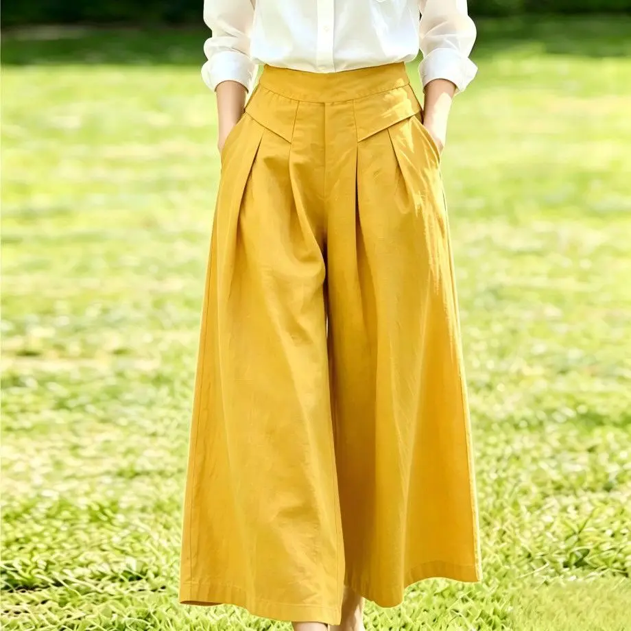 Pants skirt cotton and linen wide-leg summer pants women's literary loose culottes high-waisted casual nine-point wide-leg pants