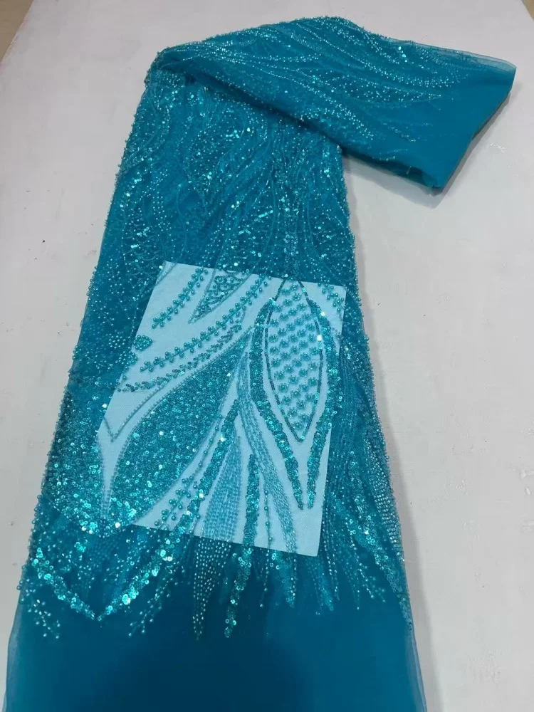 

High Quality African French Tulle Lace Fabric with Sequins Beaded Embroidery for Wedding Nigerian Bridal Groom Attire
