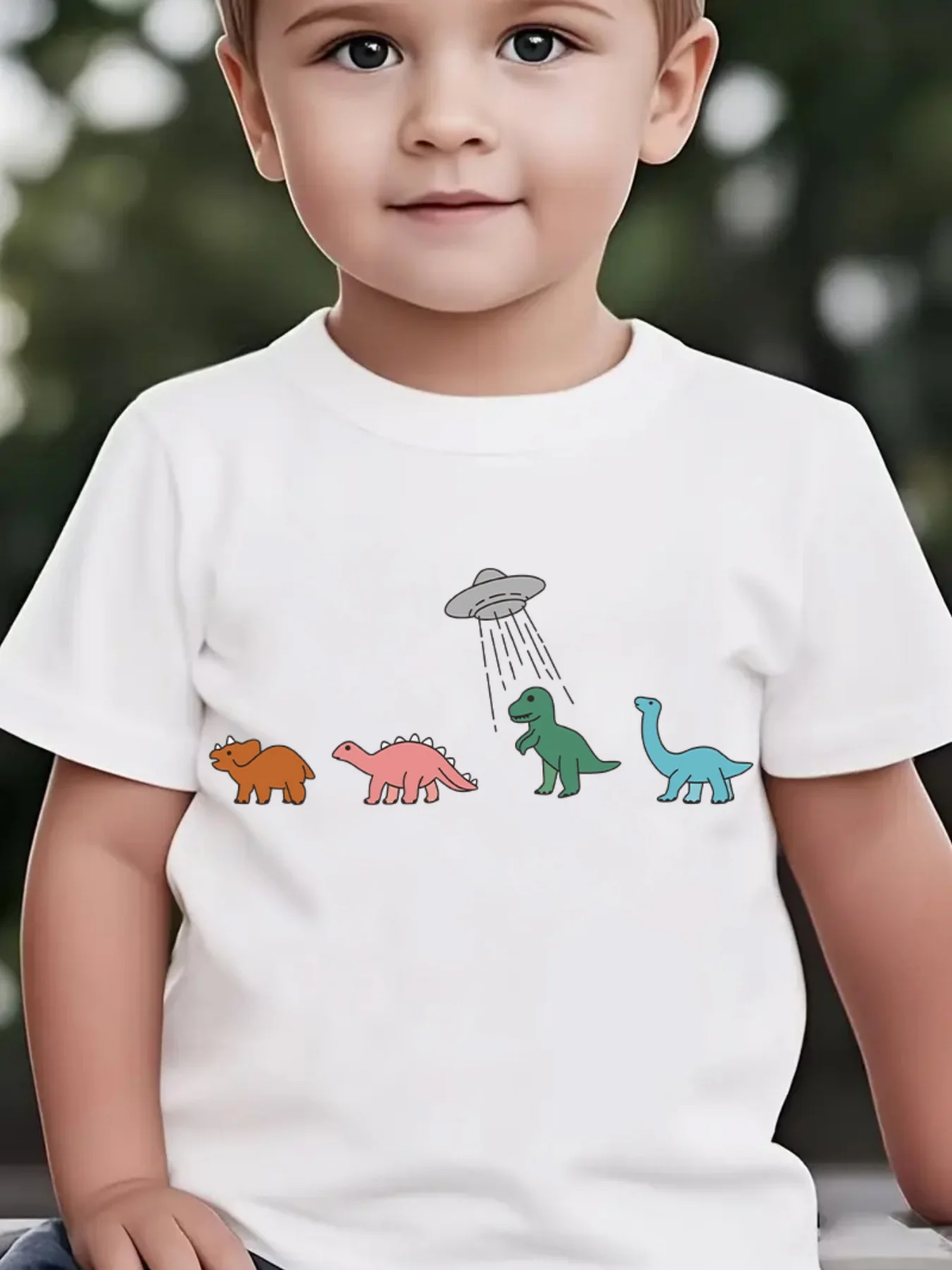 Kids Boys Girls Family Matching T Shirt Ufo Abduct Dinosaur Cartoon Fun Pattern Graphic Print Short Sleeve Crew Neck Tee Tops