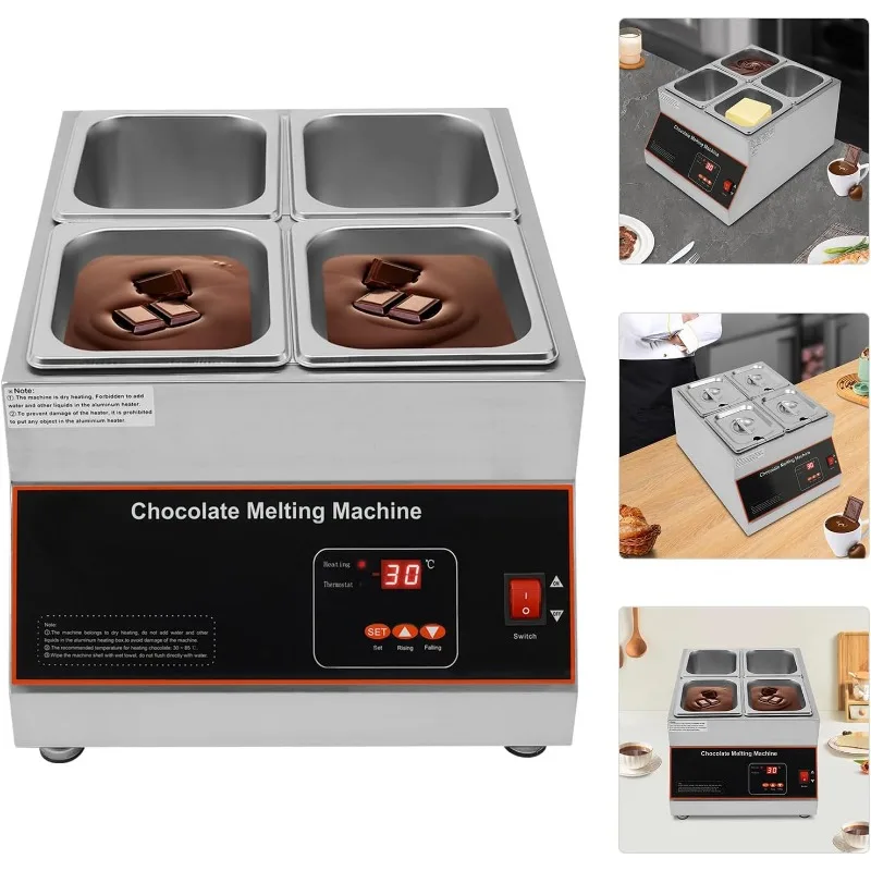 Fondoir électrique en acier inoxydable pour faire fondre le chocolat, machine à tempérer, 4 réservoirs, 110V, 26.46 lb