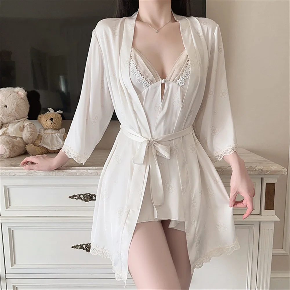 เซ็กซี่ลูกไม้ Trim Robe ชุดสตรีฤดูร้อนชุดนอนเสื้อคลุมอาบน้ํากิโมโนชุดหลวมสบายๆชุดนอนเซ็กซี่ชุดบ้าน