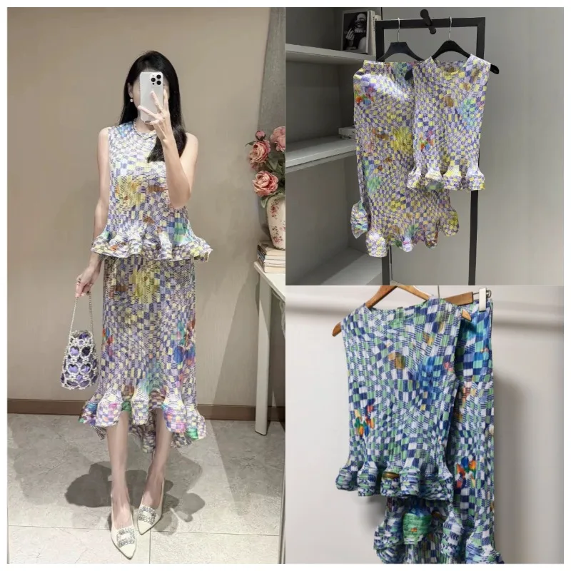 Miyake Pleated Printed Skirt Set 2026 Summer New Pleats Polka Dot + Unique Self-Painted Commuter Sleeveless Top+Tail Skirt Set