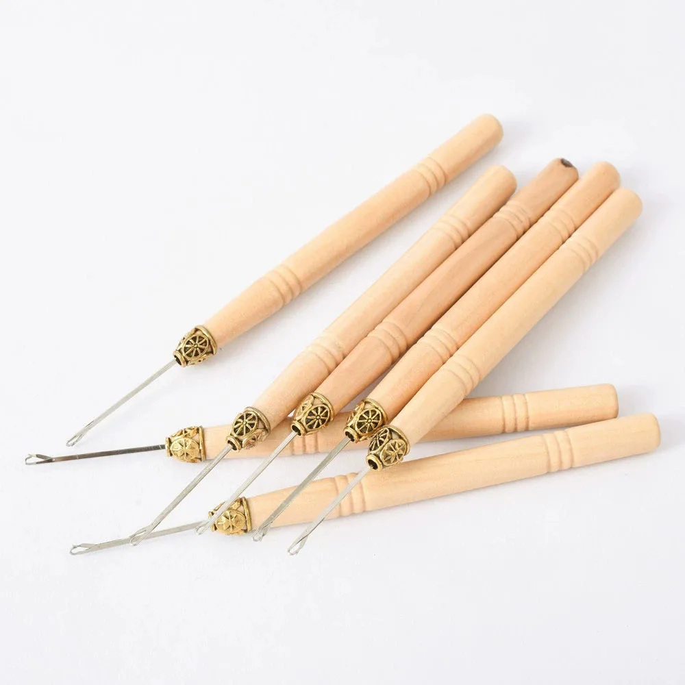 1/3/6/12PCS Hook Needle Tools Wooden Handle Hook Needle Lace Wig Making Knitting Micro Rings Loop Hair Extension Weaving image 6