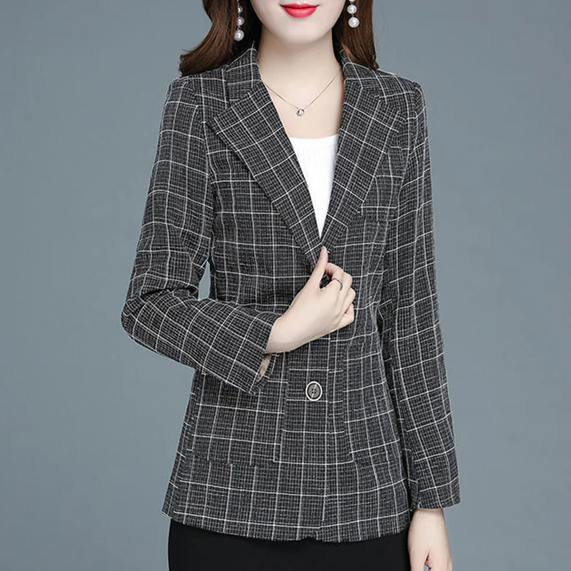 Women Korean Fashion Vintage Plaid Print Elegant Long Sleeve Suit Coat Autumn Winter Office Lady Chic Slim Notched Casual Blazer