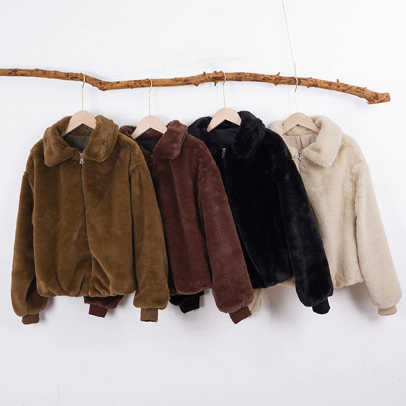 Vestes d'hiver à col en fausse fourrure pour femmes, couleur unie, col rabattu, manches longues, fermeture éclair, Style épais, manteaux amples Chic pour dames