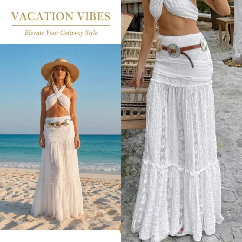

New Elegant White Lace Maxi Skirt For Women High Elastic Waist Loose A Line Skirt Beachwear Vacation Style Summer Outfit Fashion